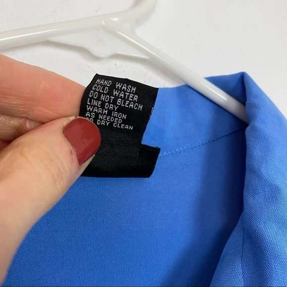 Vintage 90s 100% Silk Button Down Blouse Size Large Blue Half Sleeve Shirt Top - Picture 8 of 11